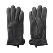A pair of men's winter black leather gloves close-up lie next to each other. Front and back side. Isolated on a transparent background.