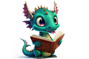 Canvas Print - Cute baby dragon holding book with smile. Back to school concept with mythical mascot