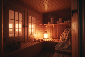 Wall Mural - cozy sauna room with wooden bench Generative AI