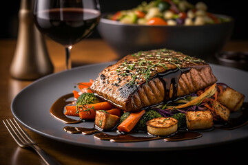 Wall Mural - pan seared salmon fillet with vegetables Generative AI