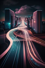 Wall Mural - Smart digital city with high speed light trail of cars of digital data transfer. Generative AI.