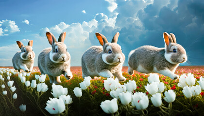 a group of Easter bunnies hopping through a field, with bright blue skies and plenty of flowers in bloom - Generative AI