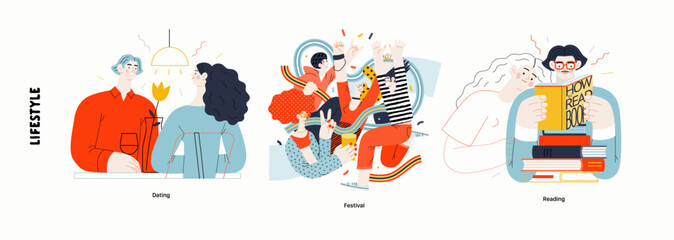 lifestyle series - modern flat vector illustration of dating, musical festival, reading books. peopl