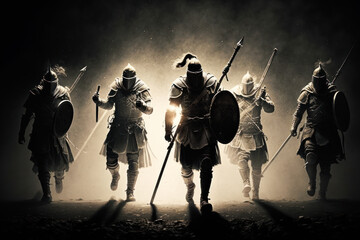 Squad of warriors in armor with weapons. Medieval wars are ready to join the battle. Medieval battle. Wars run into battle, Generative AI. Battle background.