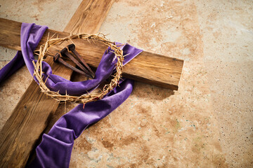 Wall Mural - Lent season, Holy week and Good friday concept. Cross With three Nails And Crown Of Thorn on stone background