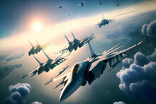 Formation Of Destroyer Jets Float In Sky During Aviation Battle. Neural Network AI Generated Art
