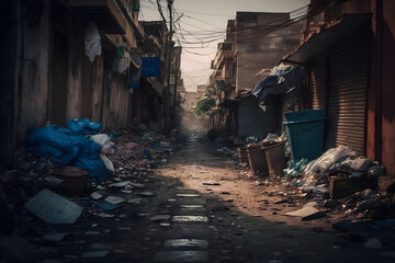 ghetto city back alley with dirt rubbish and poor residental houses. neural network ai generated art