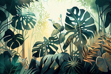 Watercolor Illustration of a Intricate Beauty Of Rainforest, Jungla, Tropical Forest With Big Monstera Leaves, Stunning Green Horizontal Background #3, Warm Lights, Key Visual. Generative AI