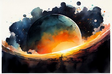 Wall Mural - watercolor illustration of a sunset in space on earth horizont. generative ai