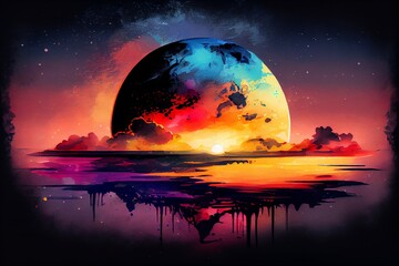 Wall Mural - watercolor illustration of a sunset in space on earth horizont. generative ai