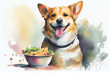 Watercolor Illustration of a Smiling Dog Happy With Food. Generative AI