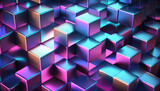 Fototapeta Londyn - Seamless frosted etched glass 80s holographic purple aesthetic stacked isometric cube wall background texture. Abstract shiny pink and blue neon blur geometric squares surreal pattern. Generative ai