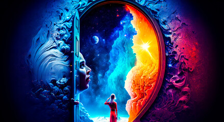 Wall Mural - Movie poster with man standing in front of an open door. Generative AI.