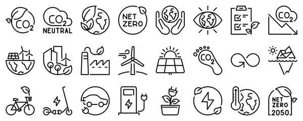 Line icons about net zero on transparent background with editable stroke.