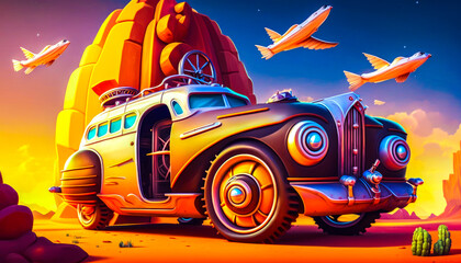 Cartoon car in the desert with planes flying around it. Generative AI.