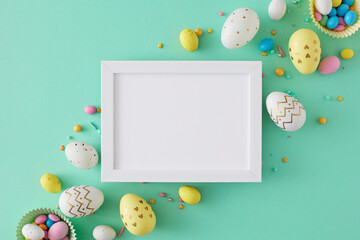 Wall Mural - Easter concept. Flat lay photo of colorful easter eggs and sprinkles on teal background and white photo frame in the middle. Holiday card idea
