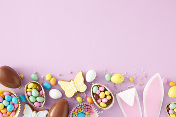 Wall Mural - Easter decoration concept. Top view photo of chocolate eggs easter bunny ears dragees gingerbread and sprinkles on isolated pastel violet background with empty space. Sweets holiday idea