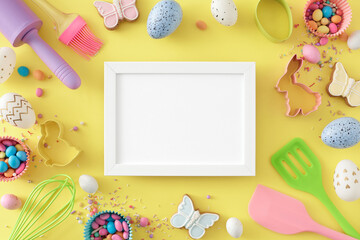 Wall Mural - Easter cooking concept. Top view photo of white photo frame colorful eggs gingerbread rolling pin brush whisk silicone spatula baking molds сolorful candies and sprinkles on pastel yellow background