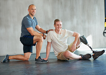 Poster - I couldnt ask for a better student. Studio shot of a young amputee training in a gym.