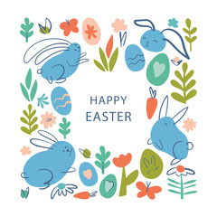 Poster - Easter background with colorful eggs on square frame background with text Happy Easter. decorated easter card, banner.