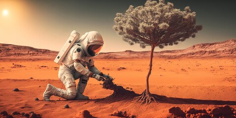 Wall Mural - Astronaut planting a tree on Mars - Astronaut PL, Generative AI