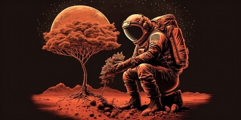 Wall Mural - An astronaut plants a tree on Mars, promoting sustainability and interplanetary exploration - astronaut p, Generative AI