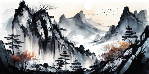 A watercolor landscape of serene mountains, inspired by the Chinese style of classical traditional ink painting, Generative AI