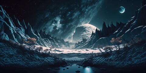 Wall Mural - in deep space, an alien planet boasts a surreal extraterrestrial landscape, generative ai