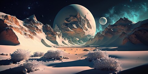 Wall Mural - in deep space, an alien planet with an extraterrestrial landscape exists, generative ai