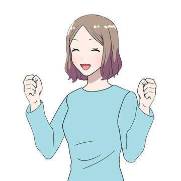 真ん中分けボブの女性　両手を握って喜んでいる　ガッツポーズ