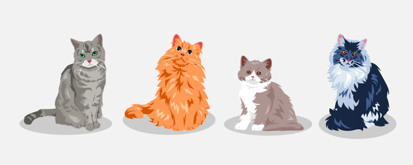 set of cute cats with different types, size, gestures, expressions, colors, shapes. vector illustration.