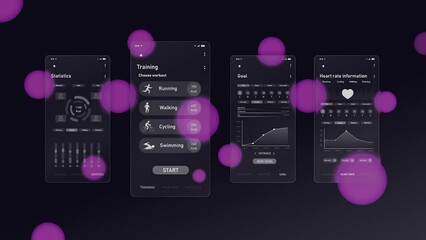 Fitness app interface. Moving banner with stylish mockups or page templates for ui and ux app design for workout and sports. Mobile application for training. Realistic graphic animated cartoon