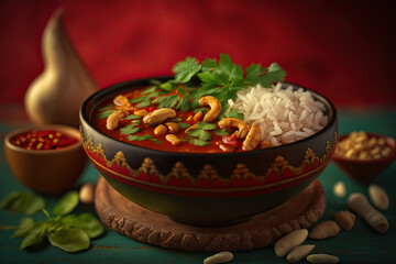 Canvas Print - A Taste of Southeast Asia: Indulging in Creamy and Spicy Thai Curry with rice, topped with chopped peanuts and cilantro. AI Generative