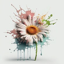 Chamomile In Splashes Of Colors. Flower On A Light Background. Growth. Generative AI.