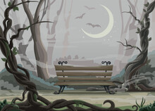 Wooden Bench In The Park Under The Moon. Twilight And Dense Fog Among The Trees. An Empty Square, Twisted Trees, A Footpath, A Flock Of Bats. Mystical Mysterious Forest. Vector Cartoon Illustration.