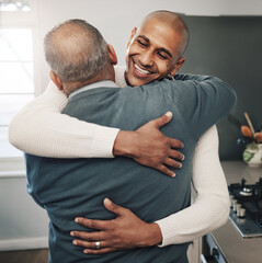 Canvas Print - Family, hug or son with senior father for Fathers Day love, home bond or embrace in modern kitchen. Smile, happiness or support care from Mexico dad, papa or man in emotional reunion with male in law