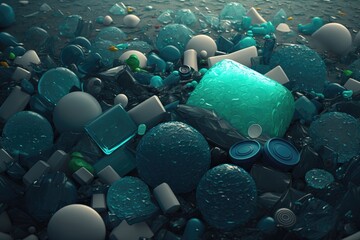 Plastic bottles and plastic parts float underwater in the ocean and pollute the sea - 3d illustration Generative AI