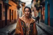 Colombian woman posing in a typical colombian city street. Generative AI	