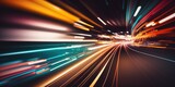 Fototapeta Do przedpokoju - Car motion trails. Speed light streaks background with blurred fast moving light effect, Racing cars dynamic flash effects city road with long exposure night lights by ai generative