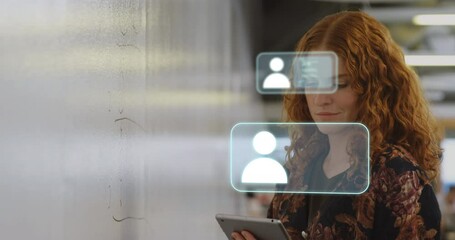 Poster - Animation of cons with data processing over caucasian businesswoman