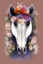 Postcard.Horse With Floral Decorations On Its Head. Generative AI