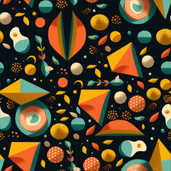 Wall Mural - colorful abstract modern shapes with black background seamless pattern illustration