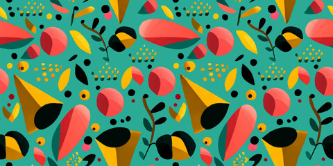 Wall Mural - colorful abstract modern shapes with green background seamless pattern illustration