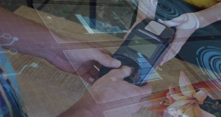 Poster - Animation of data processing over mid section of a man using card machine to make a payment