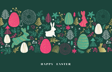 Wall Mural - Happy easter drawn doodle seamless pattern greeting card