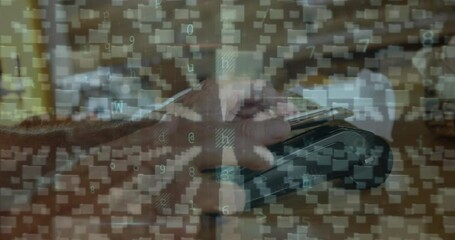 Poster - Animation of data processing over mid section of a man using smartphone to make a payment at a cafe