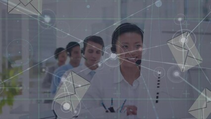 Poster - Animation of network of connections with icons over diverse business people in office