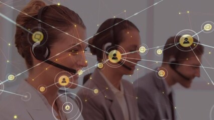 Poster - Animation of network of connections with icons over diverse business people in office
