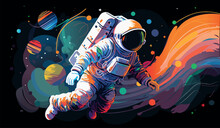 Astronaut Explores Space Being Desert Planet. Astronaut Space Suit Performing Extra Cosmic Activity Space Against Stars And Planets Background. Human Space Flight. Modern Vector Illustration