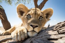 Adorable Lion Cub Chewing On Bone Under Tree With Clear Blue Sky Background, Generative AI